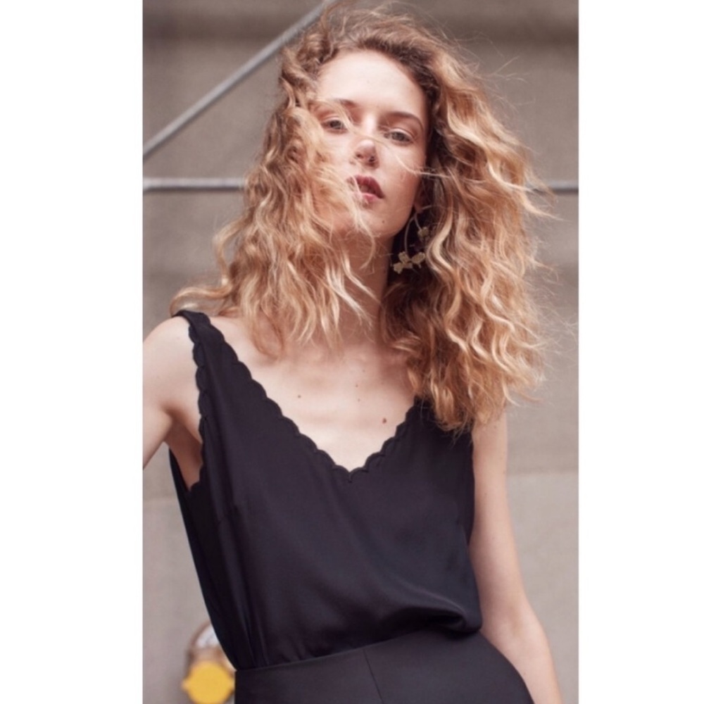 Rebecca Taylor Charmeuse Scallop Tank in Black.